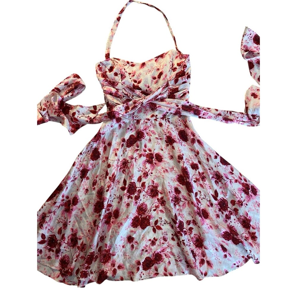 Vtg Betsey Johnson Silk Halter Dress Size 4 Pink‎ Red Floral Y2K Fit & Flare USA - Picture 8 of 16